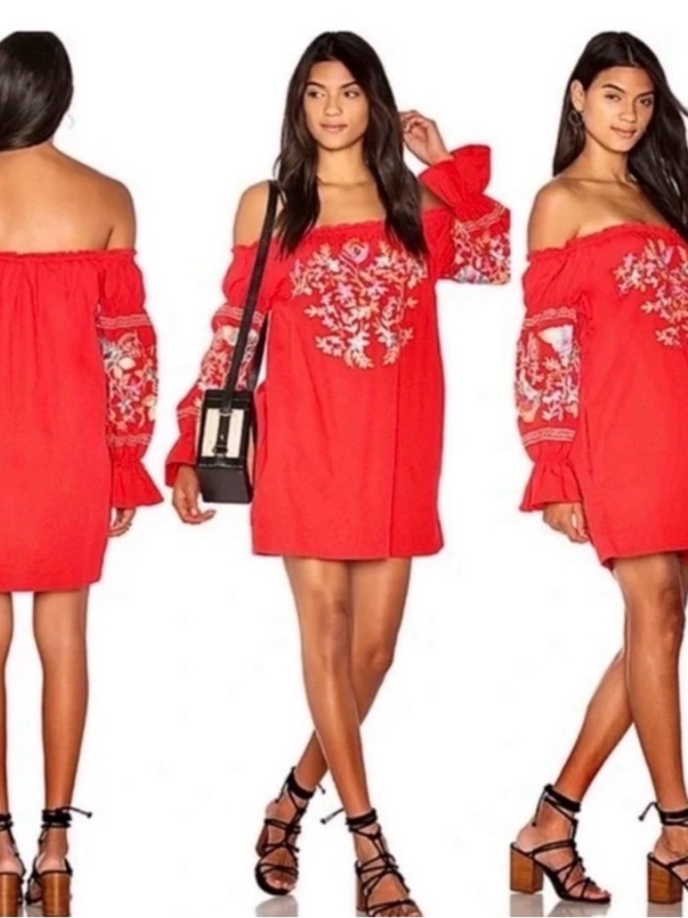 Free People Red Embroidered Off-Shoulder Long Sleeve Dress